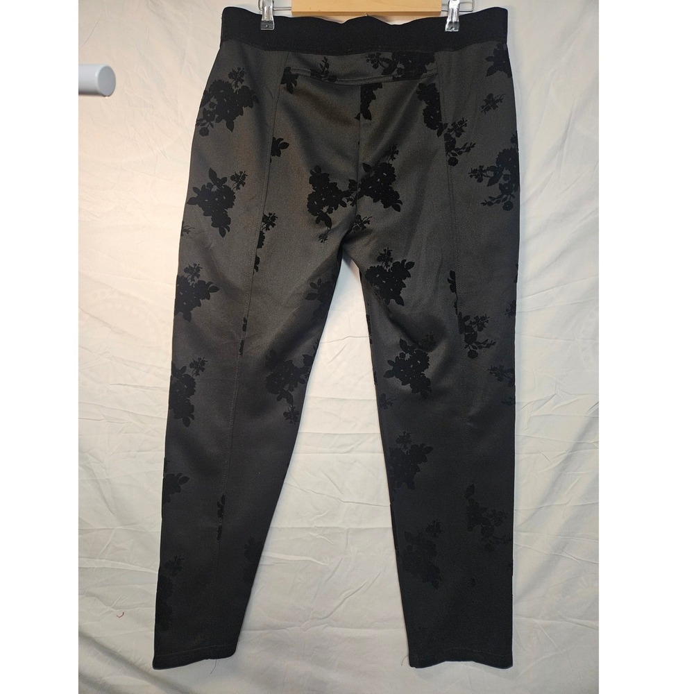 Liz Claiborne Velvet Floral Legging Pants XL Career Black Flocked Pull On #842 - Picture 3 of 10